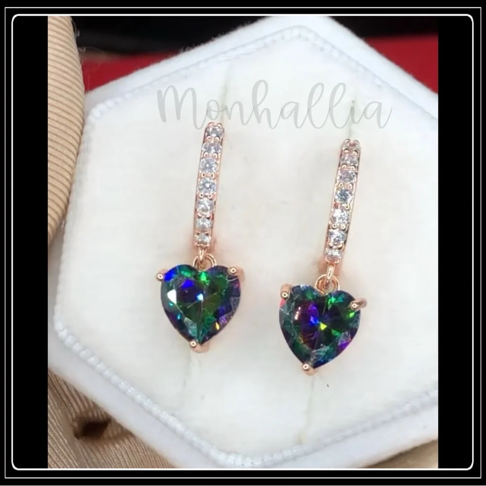 NEW 925 ROSE GOLD SIMULATED MYSTIC TOPAZ DIAMOND HEART HUGGIE EARRINGS - Picture 1 of 6